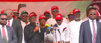 FCT Minister Nyesom Wike addressing supporters during a political rally in Port Harcourt, Rivers State.