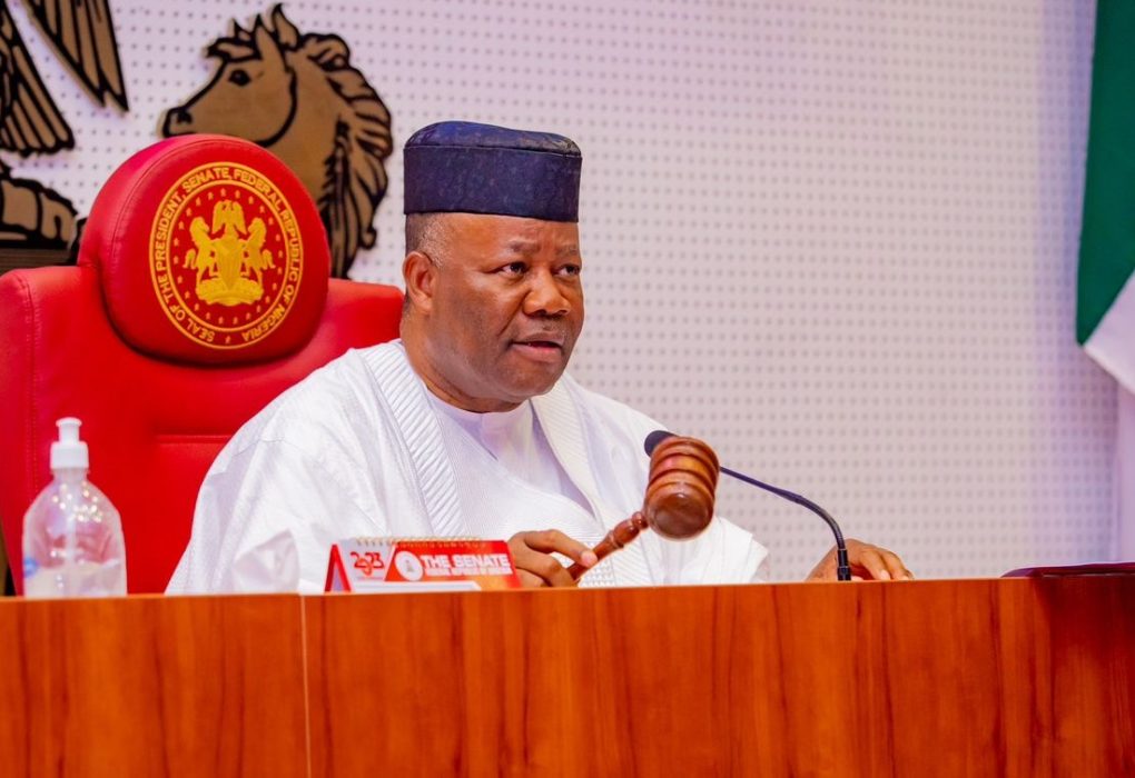 Nigerian Senate chamber during the third reading of the Electoral Act 2022 (Repeal and Re-enactment) Amendment Bill 2026, with senators seated as Senate President Godswill Akpabio presides over proceedings on electronic transmission of election results.