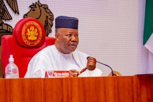 Nigerian Senate chamber during the third reading of the Electoral Act 2022 (Repeal and Re-enactment) Amendment Bill 2026, with senators seated as Senate President Godswill Akpabio presides over proceedings on electronic transmission of election results.