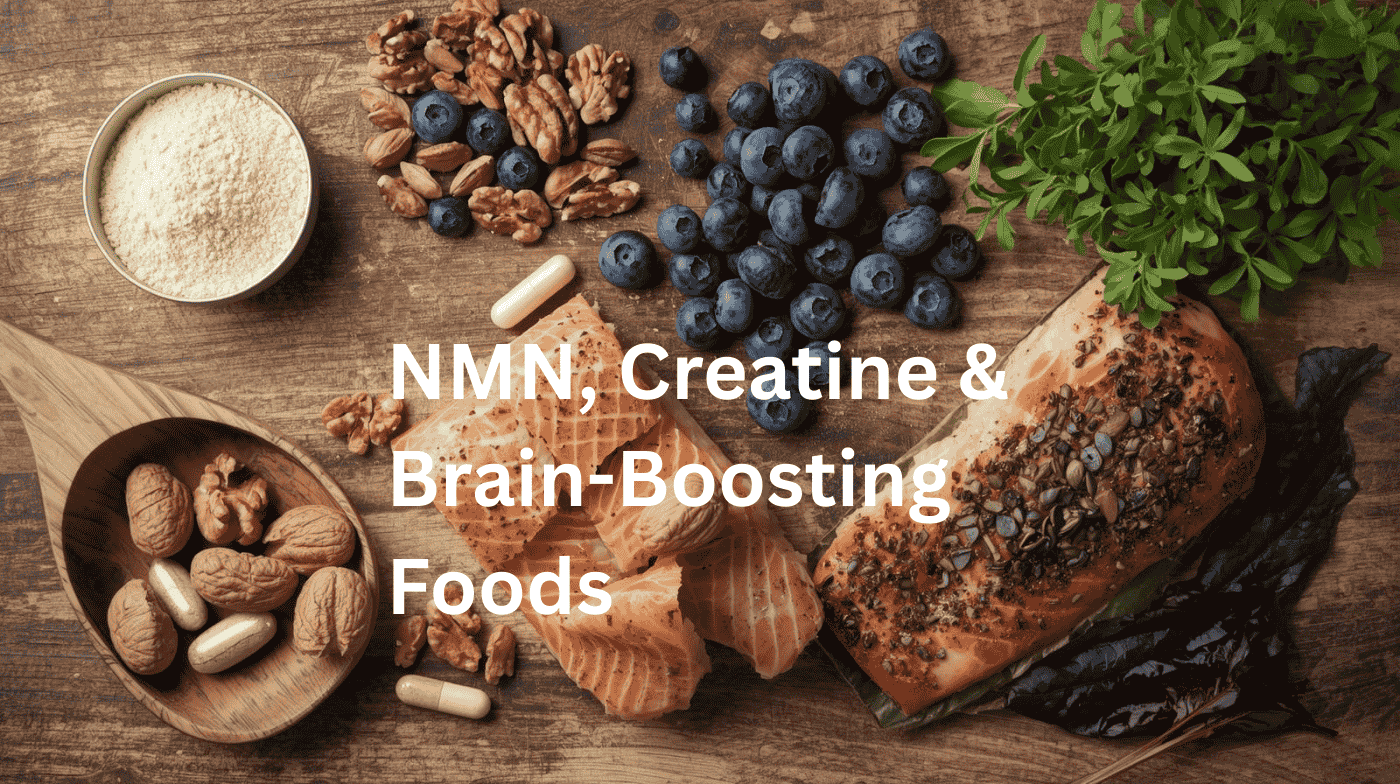 Assortment of brain-boosting supplements and foods including NMN powder, creatine capsules, walnuts, blueberries, salmon, and dark leafy greens arranged on a wooden surface.
