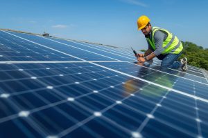 A row of sleek, dark blue monocrystalline solar panels installed on a residential rooftop under a bright, clear sky, with a technician in safety gear securing the mounting hardware, symbolizing clean energy adoption and professional solar installation services.