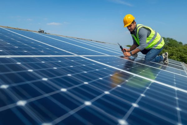 A row of sleek, dark blue monocrystalline solar panels installed on a residential rooftop under a bright, clear sky, with a technician in safety gear securing the mounting hardware, symbolizing clean energy adoption and professional solar installation services.