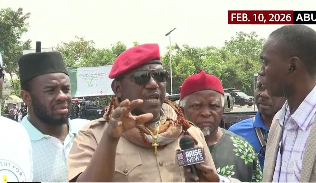 Former Minister of Youth and Sports Development Solomon Dalung speaking to protesters outside the National Assembly complex in Abuja during demonstrations demanding mandatory electronic transmission of election results in the Electoral Act Amendment Bill.