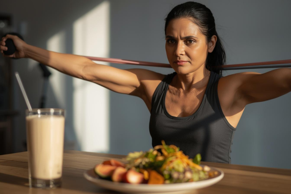 Woman in her 50s performing resistance band exercises at home while a protein shake and healthy meal sit on a nearby table.