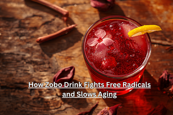 Glass of deep red zobo drink made from hibiscus sabdariffa with dried calyces, lemon, and ice on wooden table—natural antioxidant beverage for anti-aging and cellular health