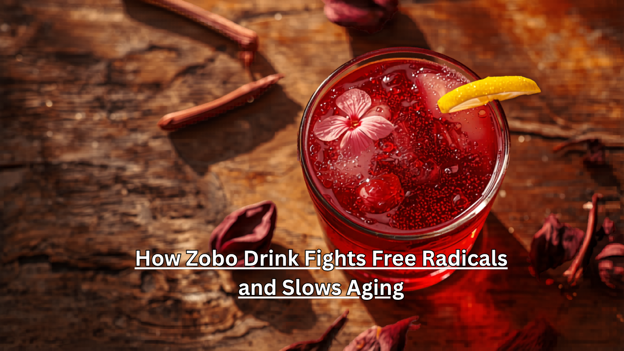 Glass of deep red zobo drink made from hibiscus sabdariffa with dried calyces, lemon, and ice on wooden table—natural antioxidant beverage for anti-aging and cellular health