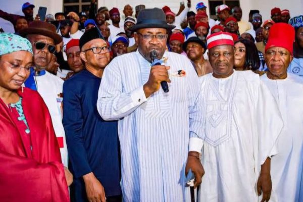 Peter Obi, Rabiu Kwankwaso, and Seriake Dickson at NDC's Abuja convention where the party zoned its 2027 presidential ticket to the South.