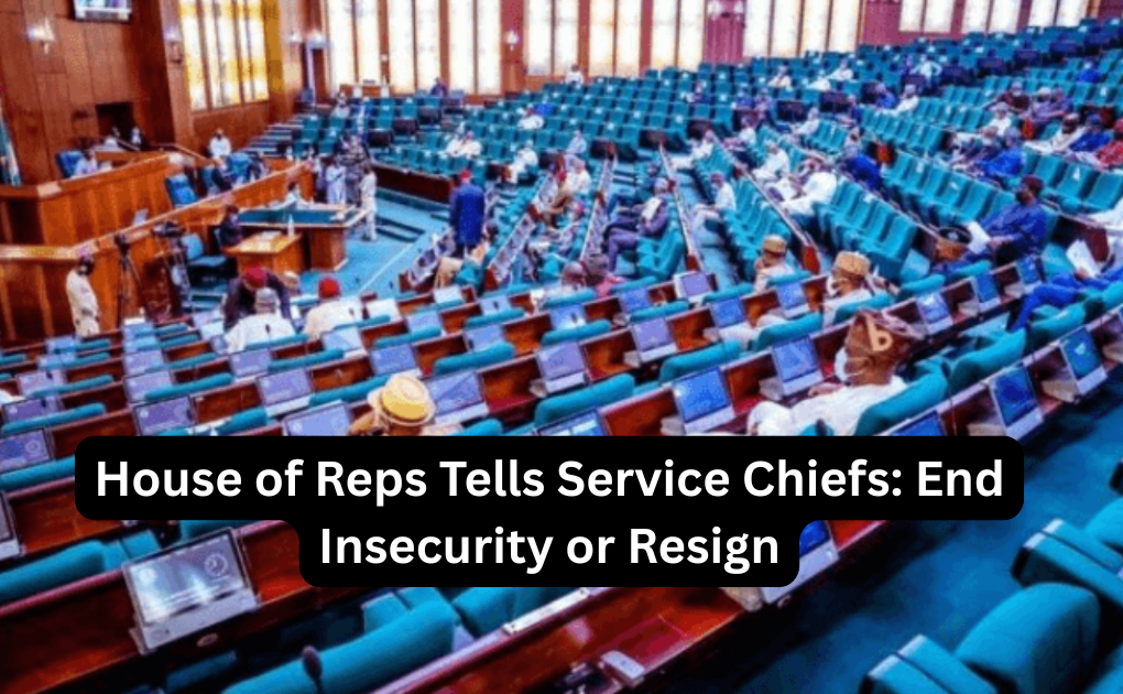 Nigerian House of Representatives chamber in Abuja with lawmakers debating during plenary session on national security, with the mace visible and members discussing the ultimatum issued to Service Chiefs over rising insecurity and kidnappings in Nigeria"