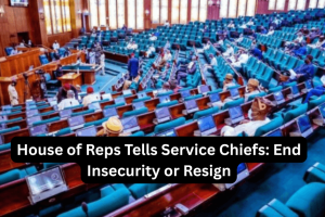 Nigerian House of Representatives chamber in Abuja with lawmakers debating during plenary session on national security, with the mace visible and members discussing the ultimatum issued to Service Chiefs over rising insecurity and kidnappings in Nigeria"