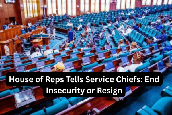 Nigerian House of Representatives chamber in Abuja with lawmakers debating during plenary session on national security, with the mace visible and members discussing the ultimatum issued to Service Chiefs over rising insecurity and kidnappings in Nigeria"