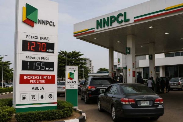 An NNPCL petrol station in Abuja displaying the new fuel pump price after the Nigerian National Petroleum Company Limited increased PMS by N115 per litre.