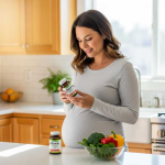 A pregnant woman holding a folic acid supplement bottle beside fresh vegetables and prenatal vitamins, highlighting the importance of folic acid for pregnancy health.