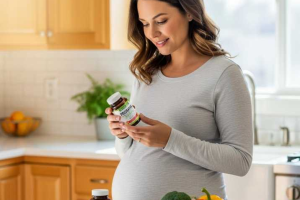 A pregnant woman holding a folic acid supplement bottle beside fresh vegetables and prenatal vitamins, highlighting the importance of folic acid for pregnancy health.