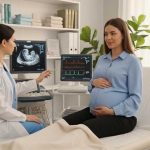 A pregnant woman consulting with a female obstetrician in a modern prenatal clinic while reviewing an ultrasound scan during high-risk pregnancy care.
