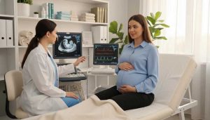 A pregnant woman consulting with a female obstetrician in a modern prenatal clinic while reviewing an ultrasound scan during high-risk pregnancy care.