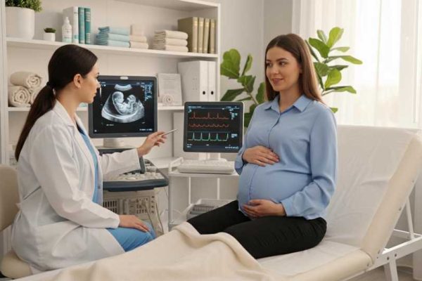 A pregnant woman consulting with a female obstetrician in a modern prenatal clinic while reviewing an ultrasound scan during high-risk pregnancy care.