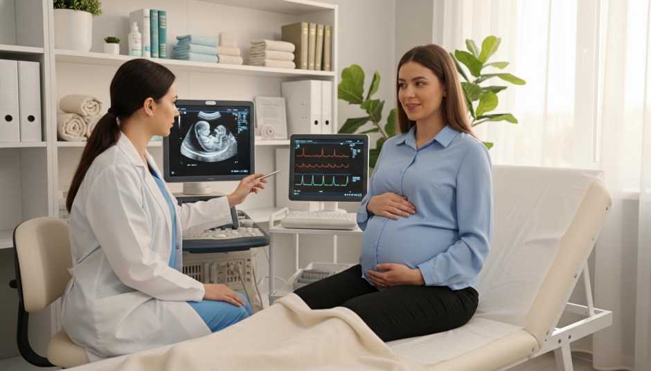 A pregnant woman consulting with a female obstetrician in a modern prenatal clinic while reviewing an ultrasound scan during high-risk pregnancy care.