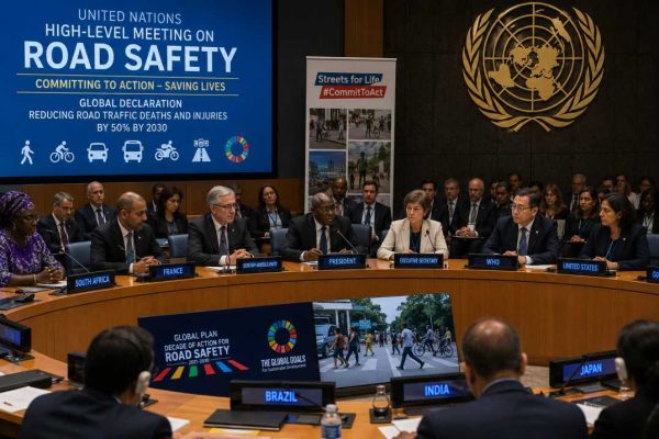 Delegates at the United Nations High-Level Meeting on Road Safety discussing the global declaration aimed at reducing road traffic deaths and injuries by 2030.