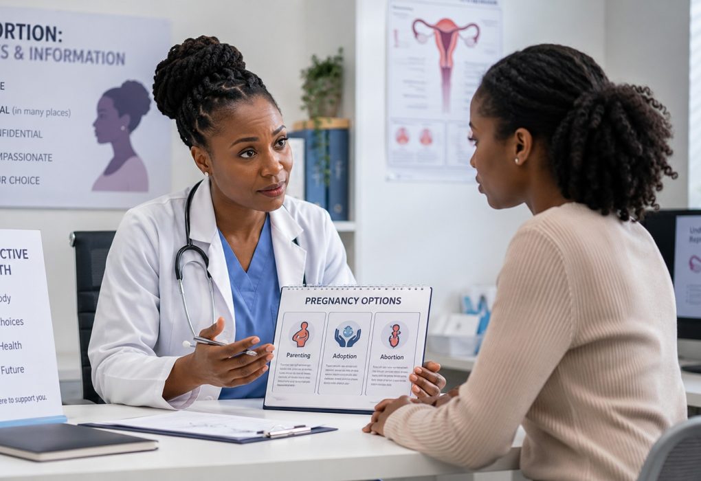 A female healthcare professional consulting with a patient about pregnancy options, reproductive health, and abortion in a modern medical clinic.
