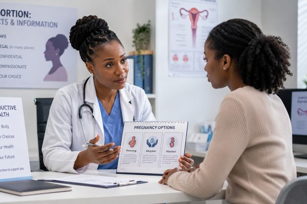 A female healthcare professional consulting with a patient about pregnancy options, reproductive health, and abortion in a modern medical clinic.