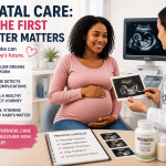A pregnant woman attending her first prenatal appointment while a female obstetrician reviews an ultrasound scan and discusses first-trimester pregnancy care in a modern medical clinic.