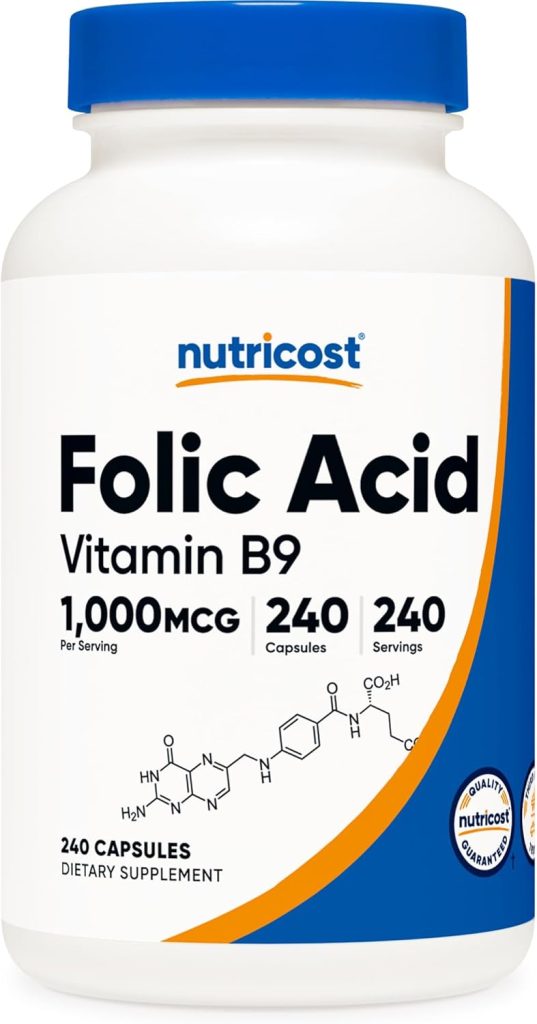 Nutricost Folic Acid Vitamin B9 1000 mcg dietary supplement bottle containing 240 capsules, commonly used to support pregnancy health, red blood cell production, and healthy fetal development.