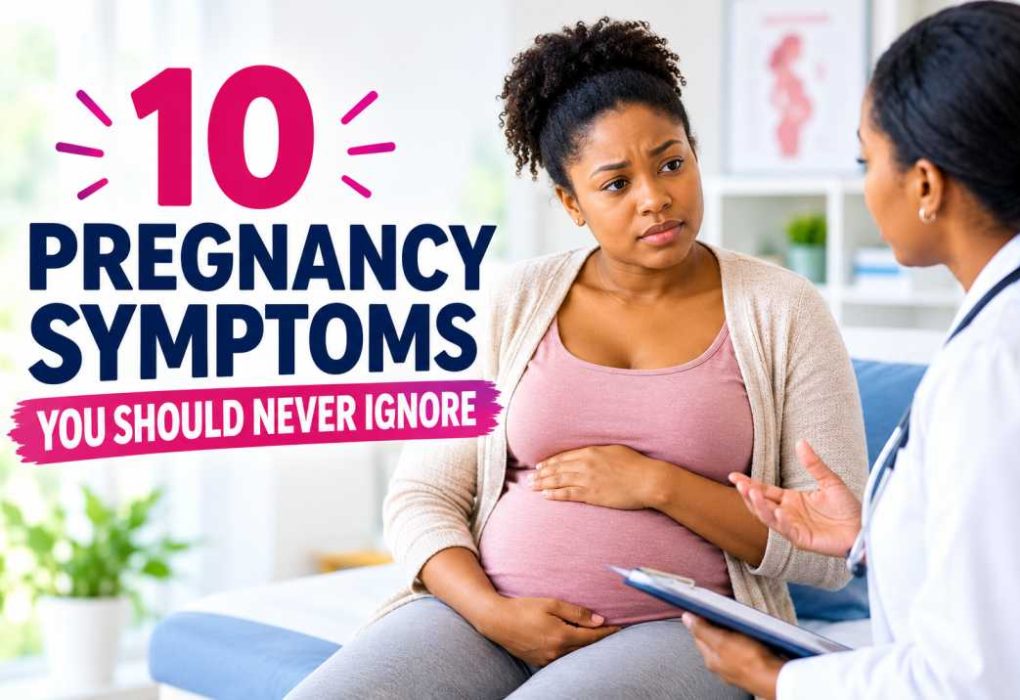 Pregnant woman concerned about pregnancy warning signs while consulting a healthcare professional about symptoms that require medical attention.