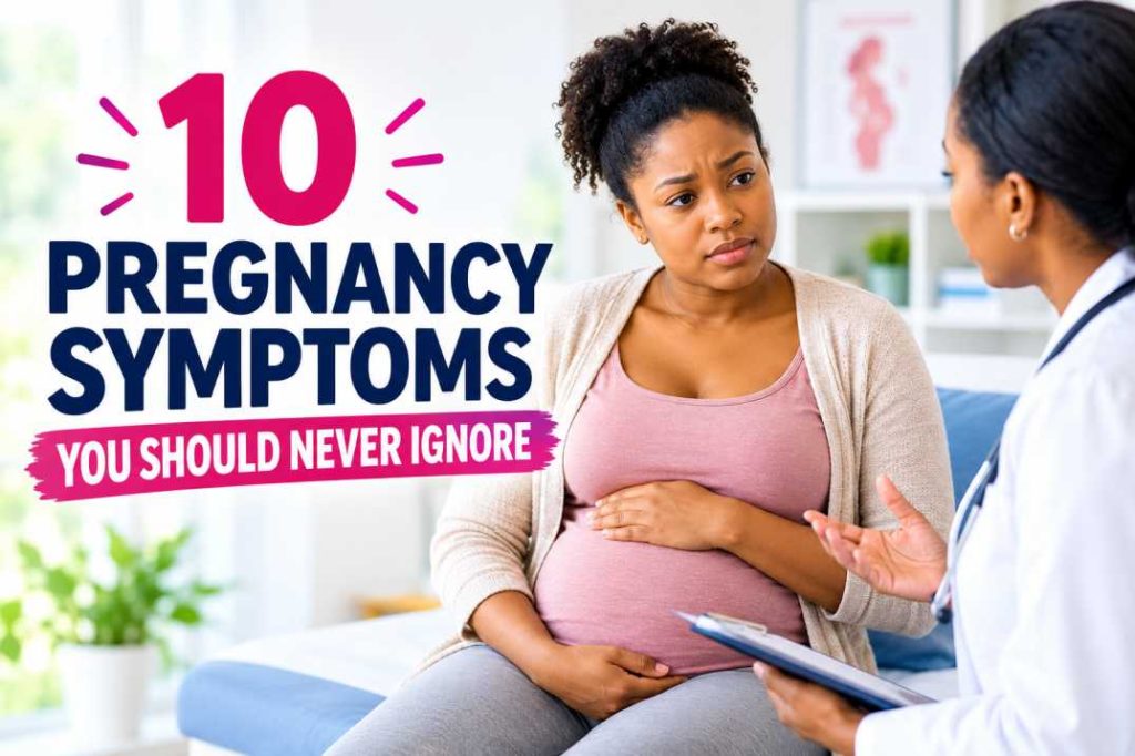Pregnant woman concerned about pregnancy warning signs while consulting a healthcare professional about symptoms that require medical attention.