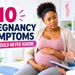 Pregnant woman concerned about pregnancy warning signs while consulting a healthcare professional about symptoms that require medical attention.
