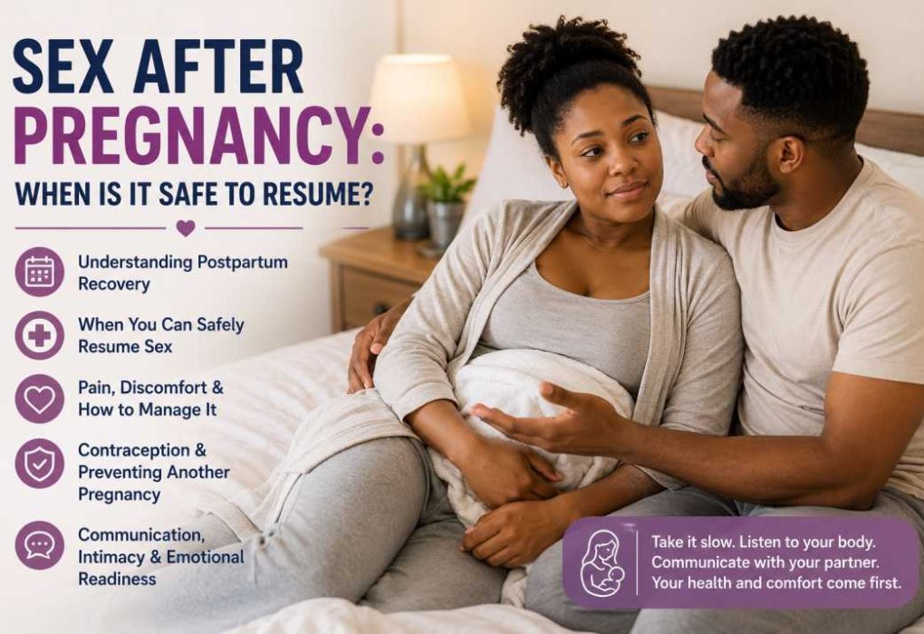 New mother and her partner discussing postpartum recovery and when it is safe to resume sexual intimacy after childbirth.