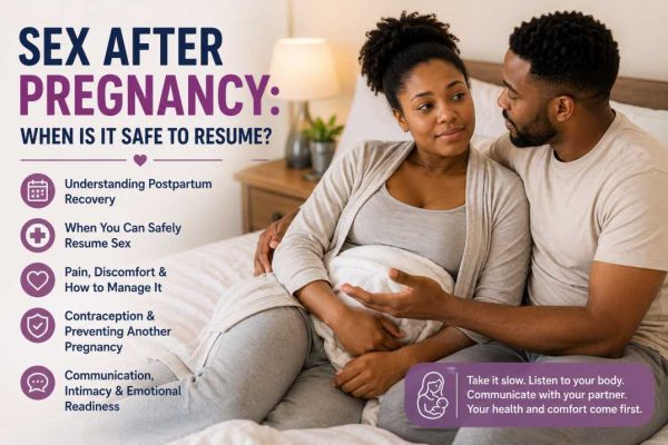 New mother and her partner discussing postpartum recovery and when it is safe to resume sexual intimacy after childbirth.