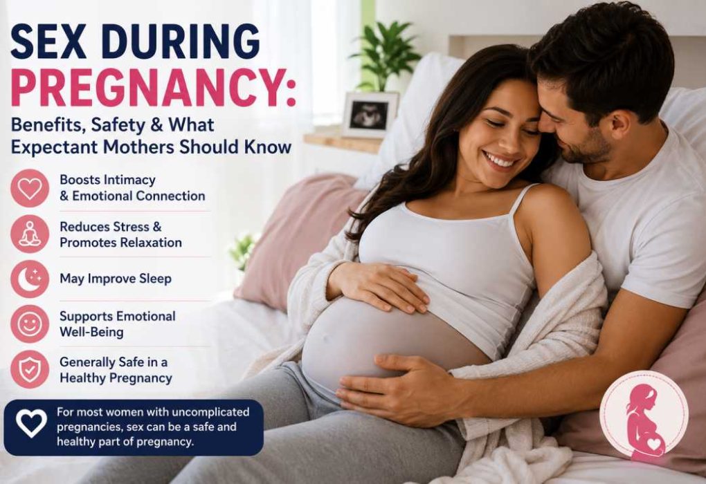 Pregnant woman and her partner sharing a loving, intimate moment while discussing the benefits and safety of sex during pregnancy.