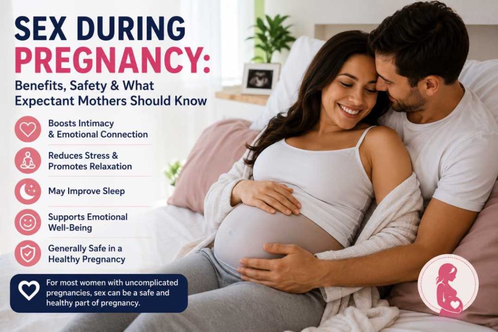 Pregnant woman and her partner sharing a loving, intimate moment while discussing the benefits and safety of sex during pregnancy.