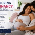 Pregnant woman and her partner sharing a loving, intimate moment while discussing the benefits and safety of sex during pregnancy.