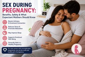 Pregnant woman and her partner sharing a loving, intimate moment while discussing the benefits and safety of sex during pregnancy.