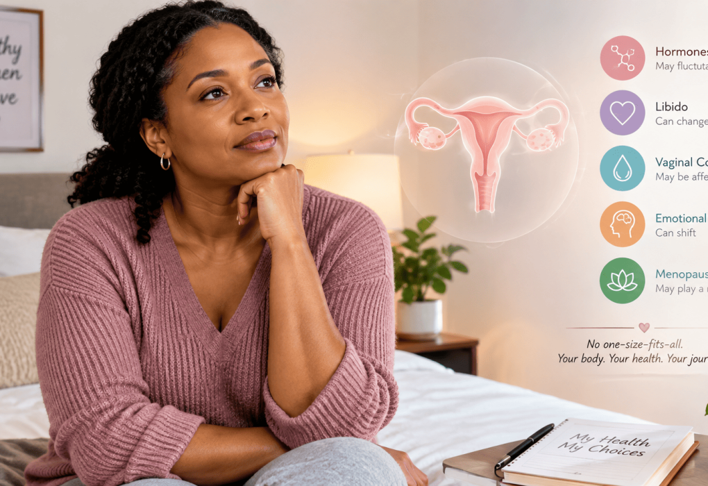 Woman reflecting on her sexual and reproductive health, representing the physical and emotional changes that may occur during a long period without sexual activity