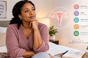 Woman reflecting on her sexual and reproductive health, representing the physical and emotional changes that may occur during a long period without sexual activity