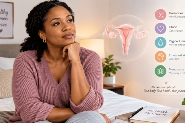 Woman reflecting on her sexual and reproductive health, representing the physical and emotional changes that may occur during a long period without sexual activity